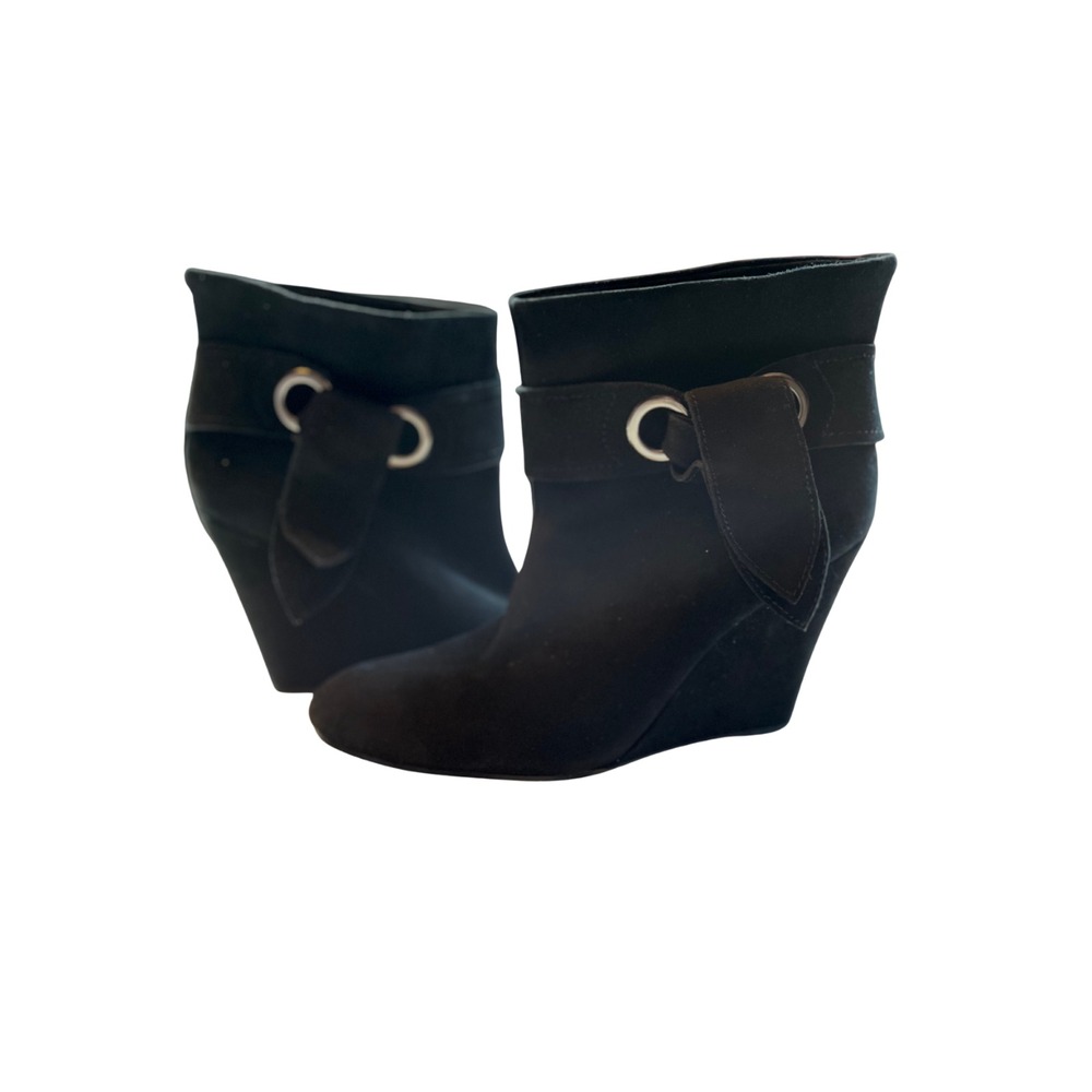 Black Suede Ankle Booties 9.5 Wedge Round Toe Silver Buckle Minimalist Workwear